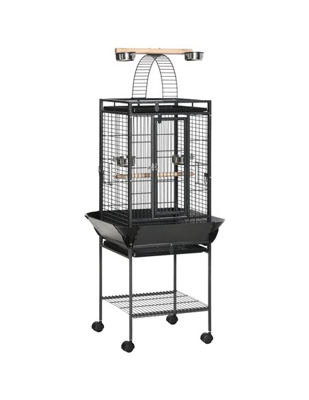 PawHut 156cm Bird Cage,Large Parrot Cage with Open Play Top, Perch, Seed Guard, Wheels, Storage Shelf, Dark Grey - pic 195612 | FastDaddyshop