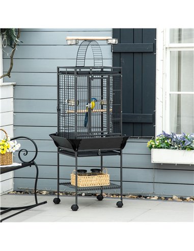 PawHut 156cm Bird Cage,Large Parrot Cage with Open Play Top, Perch, Seed Guard, Wheels, Storage Shelf, Dark Grey