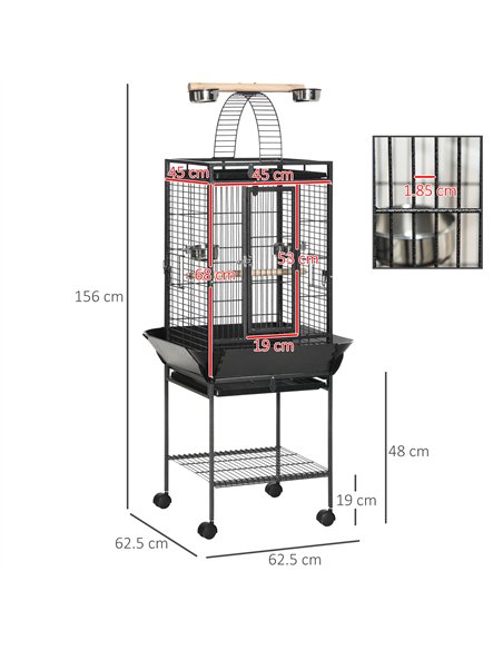 PawHut 156cm Bird Cage,Large Parrot Cage with Open Play Top, Perch, Seed Guard, Wheels, Storage Shelf, Dark Grey - pic 195614 | FastDaddyshop