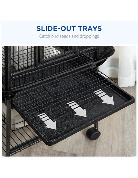 PawHut 156cm Bird Cage,Large Parrot Cage with Open Play Top, Perch, Seed Guard, Wheels, Storage Shelf, Dark Grey - pic 195615 | FastDaddyshop