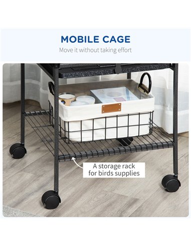 PawHut 156cm Bird Cage,Large Parrot Cage with Open Play Top, Perch, Seed Guard, Wheels, Storage Shelf, Dark Grey