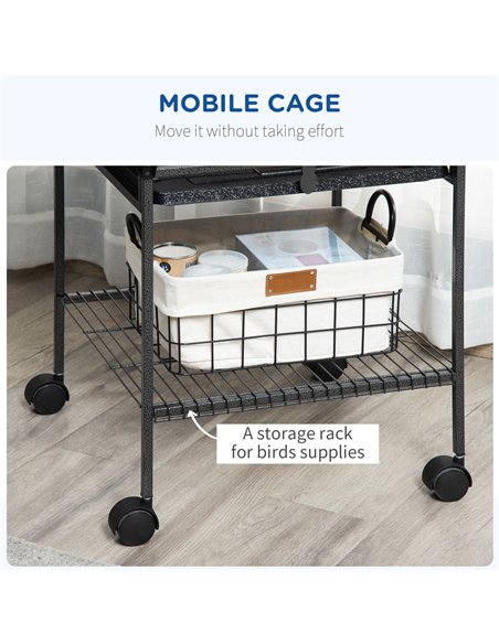 PawHut 156cm Bird Cage,Large Parrot Cage with Open Play Top, Perch, Seed Guard, Wheels, Storage Shelf, Dark Grey - pic 195616 | FastDaddyshop