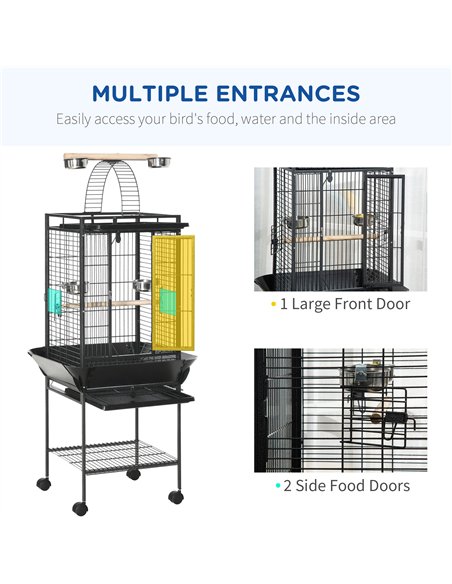 PawHut 156cm Bird Cage,Large Parrot Cage with Open Play Top, Perch, Seed Guard, Wheels, Storage Shelf, Dark Grey - pic 195617 | FastDaddyshop