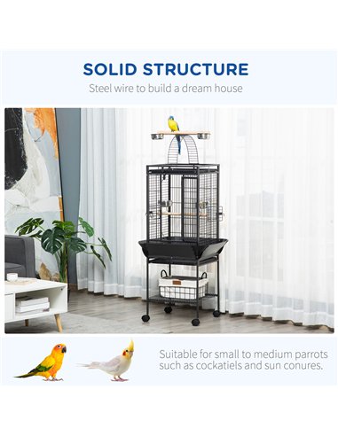 PawHut 156cm Bird Cage,Large Parrot Cage with Open Play Top, Perch, Seed Guard, Wheels, Storage Shelf, Dark Grey