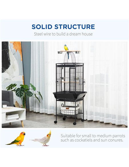 PawHut 156cm Bird Cage,Large Parrot Cage with Open Play Top, Perch, Seed Guard, Wheels, Storage Shelf, Dark Grey - pic 195618 | FastDaddyshop
