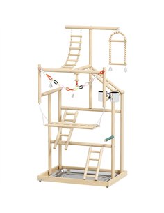 PawHut 95 cm Wooden Bird Playground with Ladders, Chain Toy, Stainless Steel Cups and Tray, Bird Cage Accessories, Natural