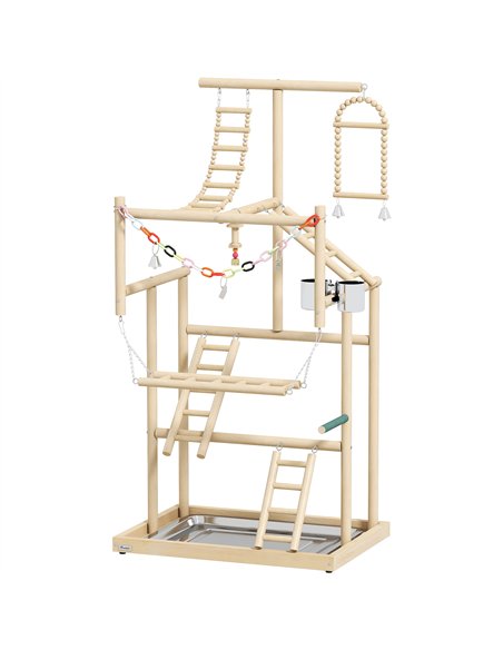 PawHut 95 cm Wooden Bird Playground with Ladders, Chain Toy, Stainless Steel Cups and Tray, Bird Cage Accessories, Natural - pic 195630 | FastDaddyshop