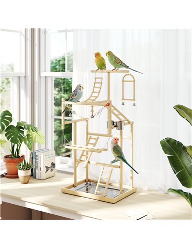 PawHut 95 cm Wooden Bird Playground with Ladders, Chain Toy, Stainless Steel Cups and Tray, Bird Cage Accessories, Natural