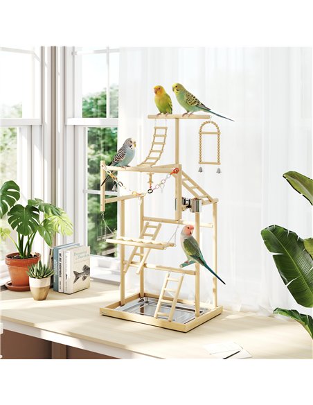PawHut 95 cm Wooden Bird Playground with Ladders, Chain Toy, Stainless Steel Cups and Tray, Bird Cage Accessories, Natural - pic 195631 | FastDaddyshop