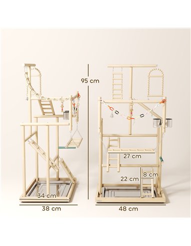 PawHut 95 cm Wooden Bird Playground with Ladders, Chain Toy, Stainless Steel Cups and Tray, Bird Cage Accessories, Natural