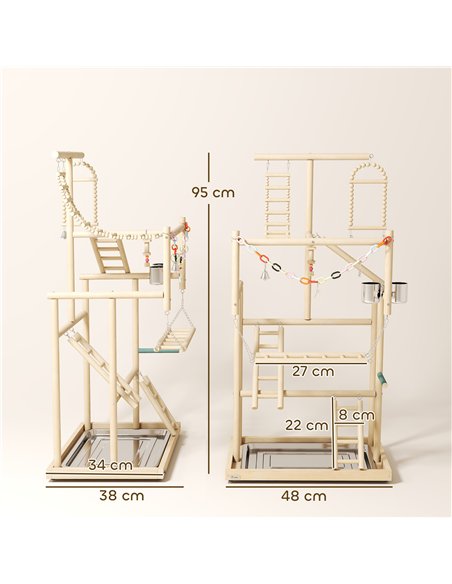 PawHut 95 cm Wooden Bird Playground with Ladders, Chain Toy, Stainless Steel Cups and Tray, Bird Cage Accessories, Natural - pic 195632 | FastDaddyshop