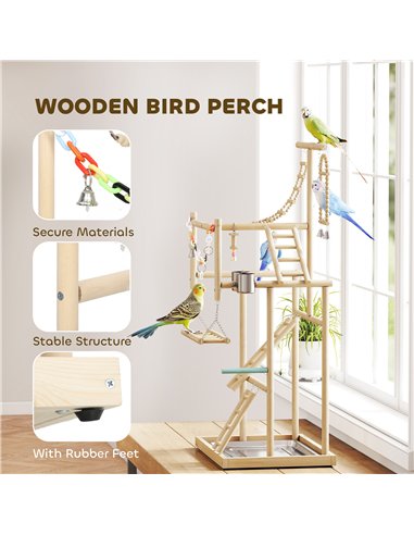 PawHut 95 cm Wooden Bird Playground with Ladders, Chain Toy, Stainless Steel Cups and Tray, Bird Cage Accessories, Natural