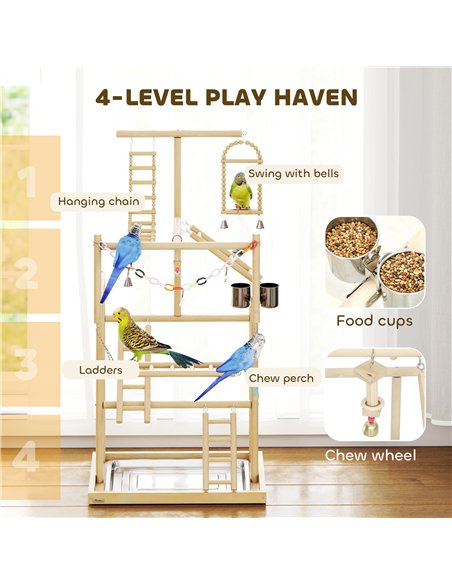 PawHut 95 cm Wooden Bird Playground with Ladders, Chain Toy, Stainless Steel Cups and Tray, Bird Cage Accessories, Natural - pic 195634 | FastDaddyshop