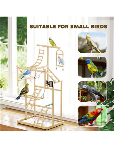 PawHut 95 cm Wooden Bird Playground with Ladders, Chain Toy, Stainless Steel Cups and Tray, Bird Cage Accessories, Natural