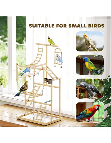PawHut 95 cm Wooden Bird Playground with Ladders, Chain Toy, Stainless Steel Cups and Tray, Bird Cage Accessories, Natural - pic 195636 | FastDaddyshop