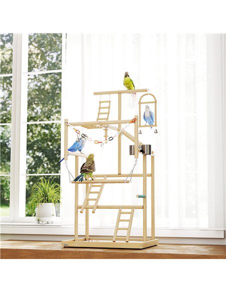 PawHut 95 cm Wooden Bird Playground with Ladders, Chain Toy, Stainless Steel Cups and Tray, Bird Cage Accessories, Natural - pic 195637 | FastDaddyshop