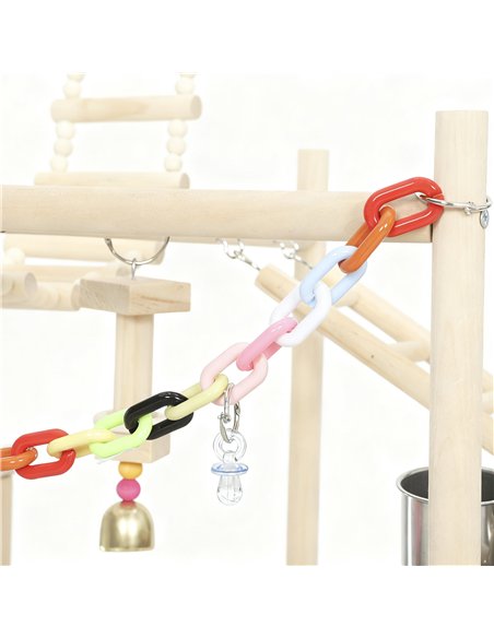 PawHut 95 cm Wooden Bird Playground with Ladders, Chain Toy, Stainless Steel Cups and Tray, Bird Cage Accessories, Natural - pic 195638 | FastDaddyshop