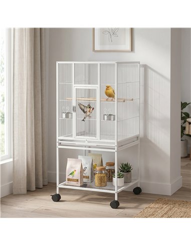PawHut Bird Cage Detachable with Rolling Stand Parrot Cage with Storage Shelf White
