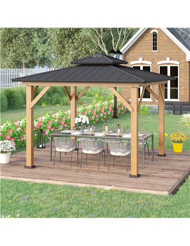 Outsunny 3.5x3.5m Hardtop Gazebo with 2-Tier Roof, Solid Wood Frame, Grey