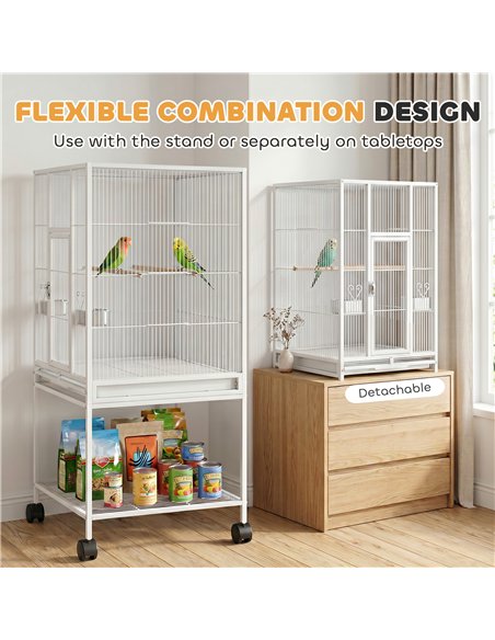 PawHut Bird Cage Detachable with Rolling Stand Parrot Cage with Storage Shelf White - pic 195652 | FastDaddyshop