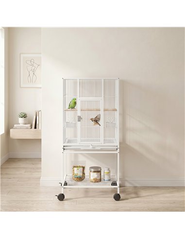 PawHut Bird Cage Detachable with Rolling Stand Parrot Cage with Storage Shelf White