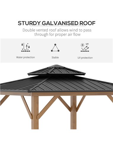 Outsunny 3.5x3.5m Hardtop Gazebo with 2-Tier Roof, Solid Wood Frame, Grey