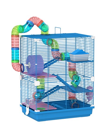 PawHut 5 Tier Hamster Cage Carrier Habitat w/ Exercise Wheels, Tunnel, Blue - pic 195675 | FastDaddyshop