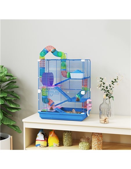 PawHut 5 Tier Hamster Cage Carrier Habitat w/ Exercise Wheels, Tunnel, Blue - pic 195676 | FastDaddyshop