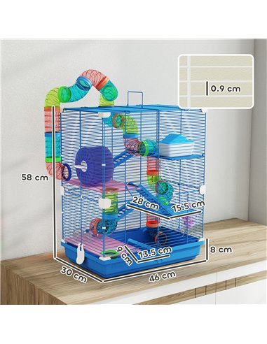 PawHut 5 Tier Hamster Cage Carrier Habitat w/ Exercise Wheels, Tunnel, Blue