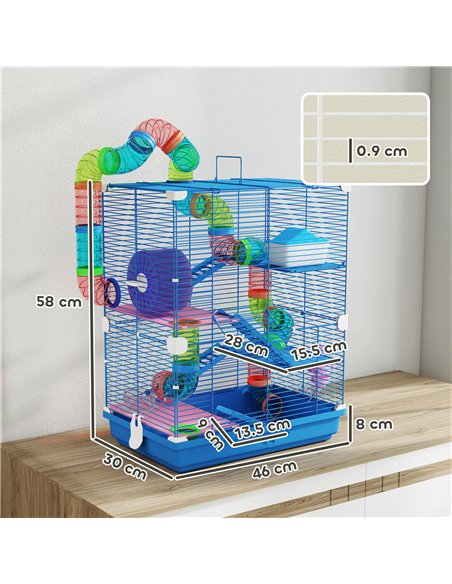 PawHut 5 Tier Hamster Cage Carrier Habitat w/ Exercise Wheels, Tunnel, Blue - pic 195677 | FastDaddyshop