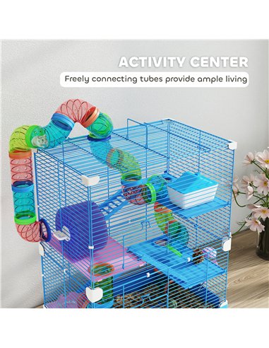 PawHut 5 Tier Hamster Cage Carrier Habitat w/ Exercise Wheels, Tunnel, Blue