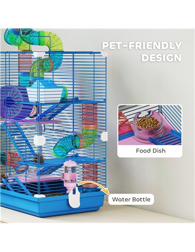 PawHut 5 Tier Hamster Cage Carrier Habitat w/ Exercise Wheels, Tunnel, Blue