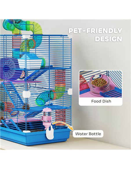 PawHut 5 Tier Hamster Cage Carrier Habitat w/ Exercise Wheels, Tunnel, Blue - pic 195679 | FastDaddyshop