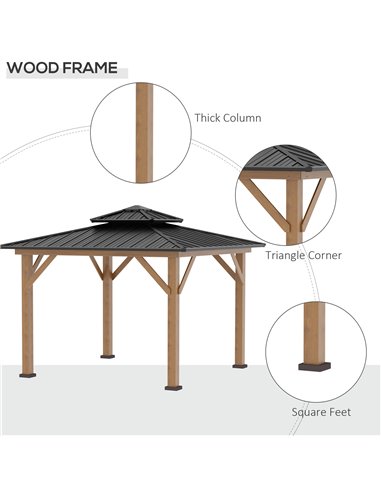 Outsunny 3.5x3.5m Hardtop Gazebo with 2-Tier Roof, Solid Wood Frame, Grey