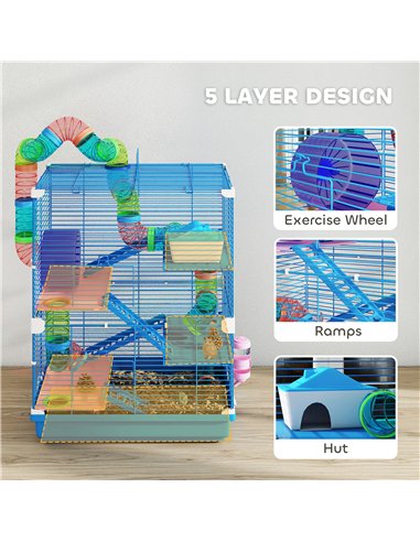 PawHut 5 Tier Hamster Cage Carrier Habitat w/ Exercise Wheels, Tunnel, Blue