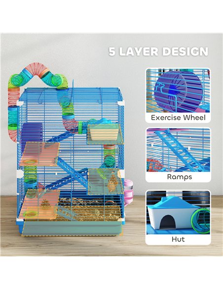 PawHut 5 Tier Hamster Cage Carrier Habitat w/ Exercise Wheels, Tunnel, Blue - pic 195680 | FastDaddyshop