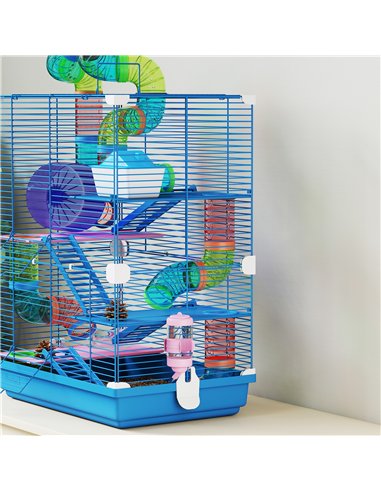 PawHut 5 Tier Hamster Cage Carrier Habitat w/ Exercise Wheels, Tunnel, Blue