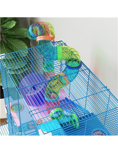 PawHut 5 Tier Hamster Cage Carrier Habitat w/ Exercise Wheels, Tunnel, Blue