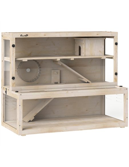 PawHut Wooden Hamster Cage with Hut, Wheel, Ramps, Removable Viewing Panels, 100 x 50 x 84 cm, Natural Wood - pic 195684 | FastDaddyshop