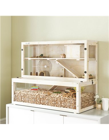PawHut Wooden Hamster Cage with Hut, Wheel, Ramps, Removable Viewing Panels, 100 x 50 x 84 cm, Natural Wood