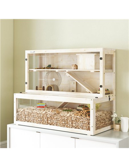 PawHut Wooden Hamster Cage with Hut, Wheel, Ramps, Removable Viewing Panels, 100 x 50 x 84 cm, Natural Wood - pic 195685 | FastDaddyshop
