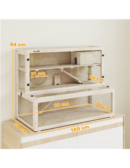 PawHut Wooden Hamster Cage with Hut, Wheel, Ramps, Removable Viewing Panels, 100 x 50 x 84 cm, Natural Wood - pic 195686 | FastDaddyshop