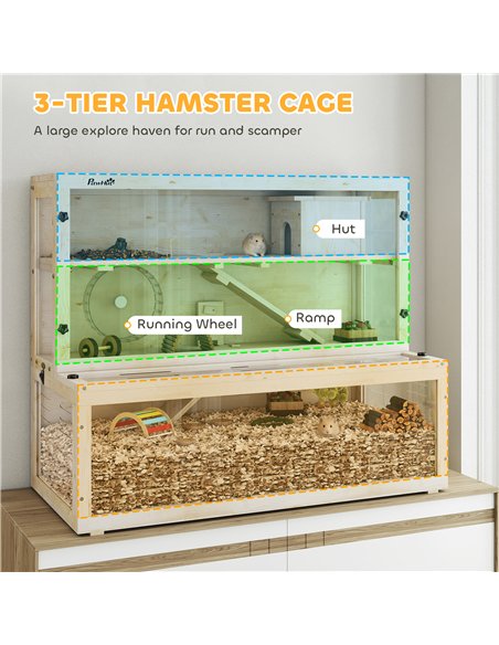 PawHut Wooden Hamster Cage with Hut, Wheel, Ramps, Removable Viewing Panels, 100 x 50 x 84 cm, Natural Wood - pic 195687 | FastDaddyshop