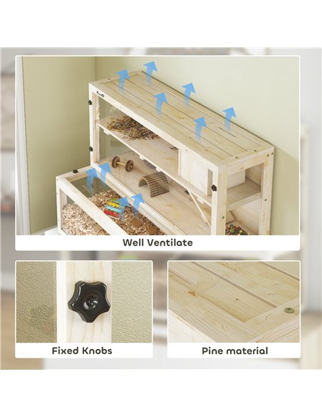 PawHut Wooden Hamster Cage with Hut, Wheel, Ramps, Removable Viewing Panels, 100 x 50 x 84 cm, Natural Wood - pic 195688 | FastDaddyshop