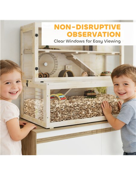 PawHut Wooden Hamster Cage with Hut, Wheel, Ramps, Removable Viewing Panels, 100 x 50 x 84 cm, Natural Wood - pic 195689 | FastDaddyshop