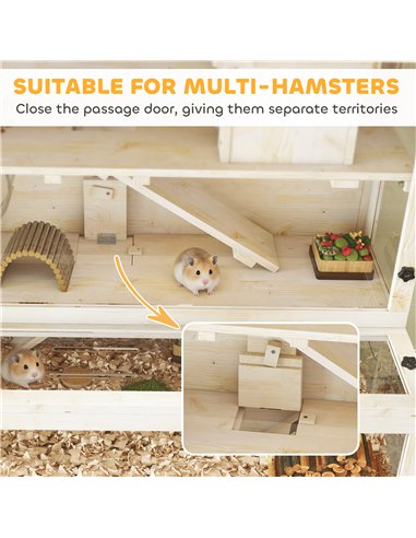 PawHut Wooden Hamster Cage with Hut, Wheel, Ramps, Removable Viewing Panels, 100 x 50 x 84 cm, Natural Wood