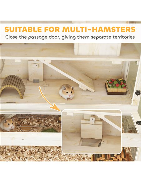 PawHut Wooden Hamster Cage with Hut, Wheel, Ramps, Removable Viewing Panels, 100 x 50 x 84 cm, Natural Wood - pic 195691 | FastDaddyshop