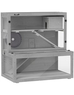 PawHut Wooden Hamster Cage with Hut, Wheel, Ramps, Removable Viewing Panels, 80 x 50 x 84 cm, Grey