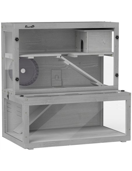PawHut Wooden Hamster Cage with Hut, Wheel, Ramps, Removable Viewing Panels, 80 x 50 x 84 cm, Grey - pic 195693 | FastDaddyshop