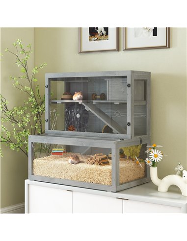 PawHut Wooden Hamster Cage with Hut, Wheel, Ramps, Removable Viewing Panels, 80 x 50 x 84 cm, Grey